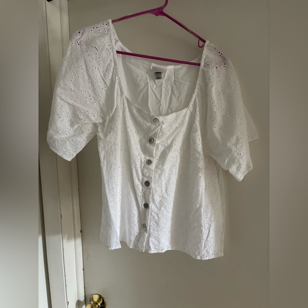 a new day White Eyelet Blouse with Buttons